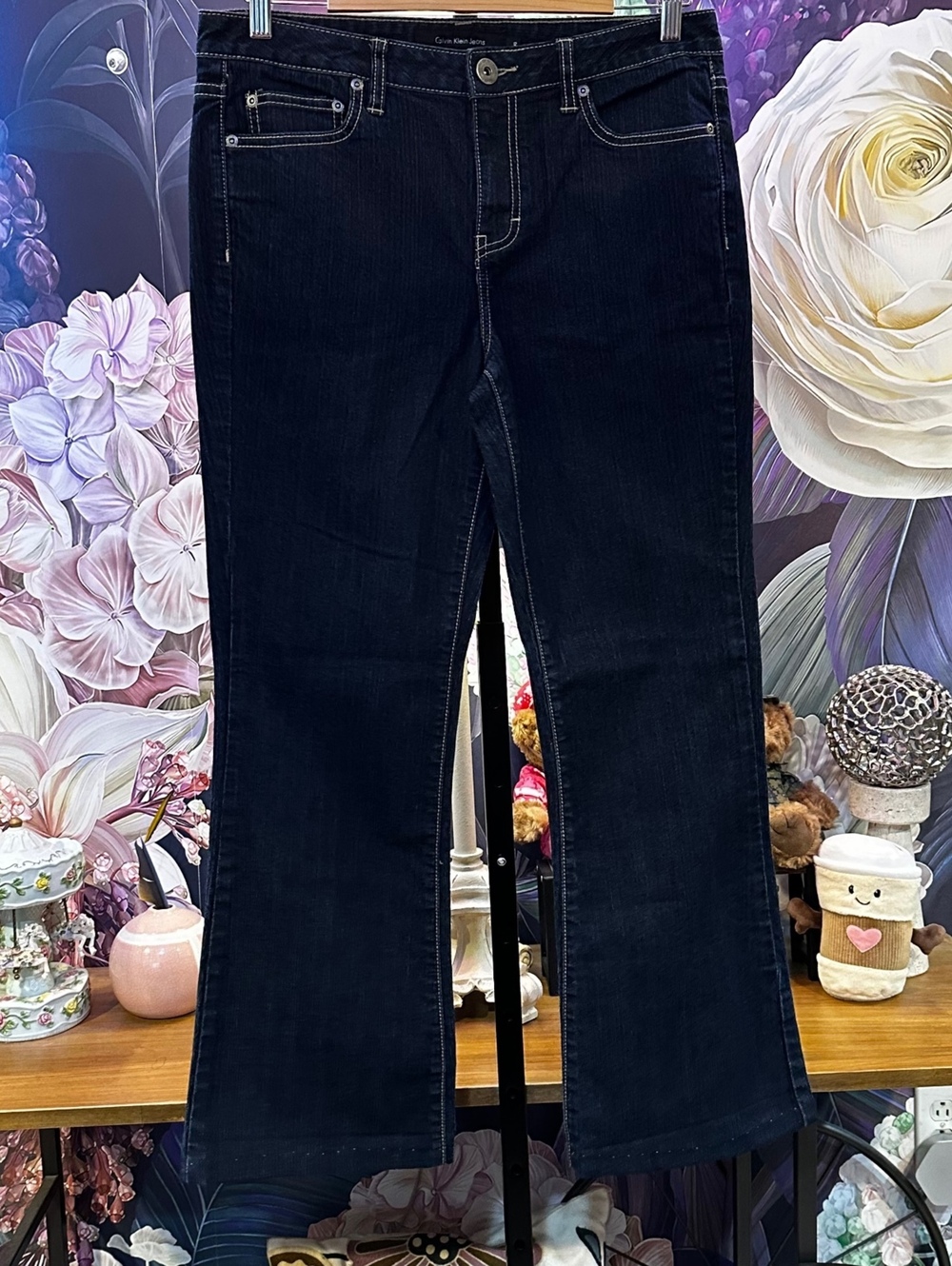 Calvin Klein Jeans Women's 12 Flare Jeans Dark Wash Contrast Stitch Y2K Hemmed